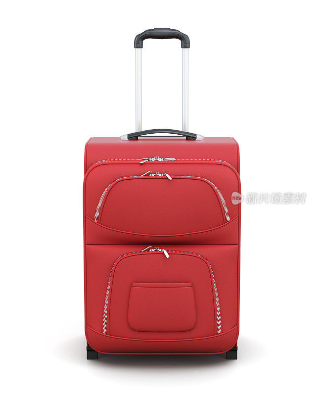 车轮上的红色行李箱孤立在白色背景上。3 d renderin